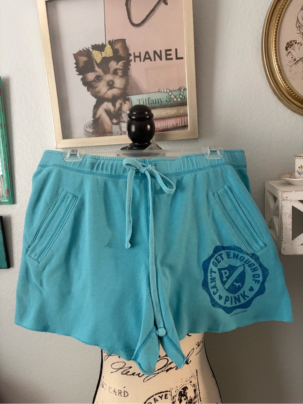 PINK Victoria's Secret Aqua Terry Drawstring Shorts with Logo